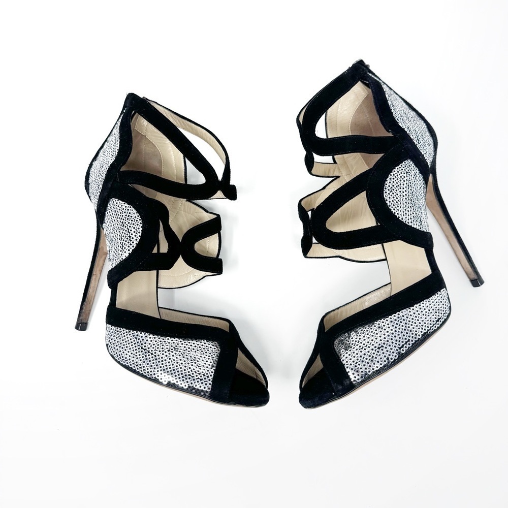 JIMMY CHOO Silver Sequin Black Suede Cut Out Temptress Stiletto Heels 37.5